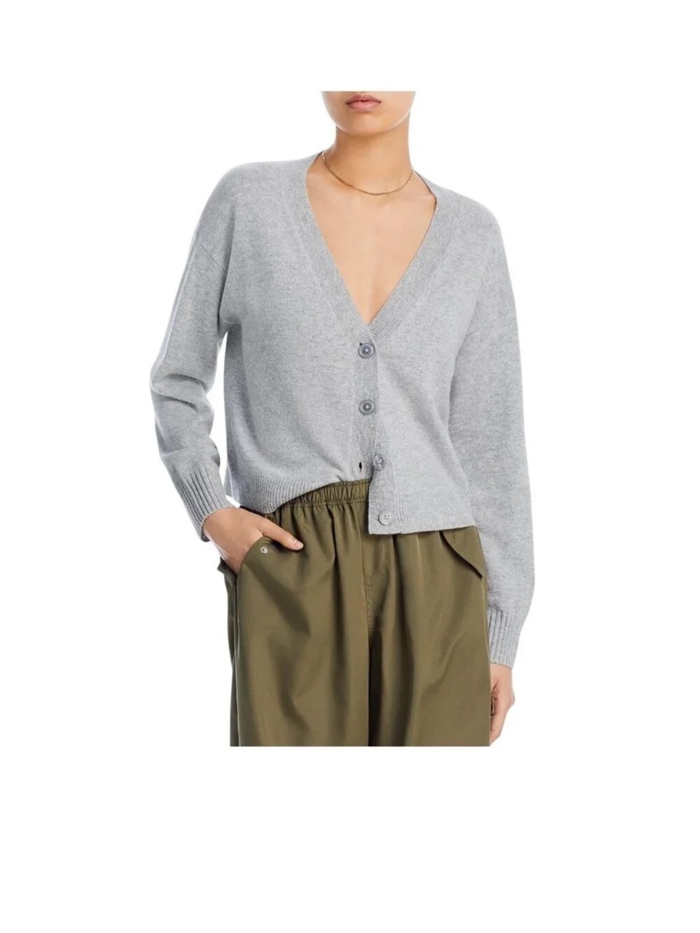 Women's Cashmere Gray V-Neck Button-Up Cardigan Sweater